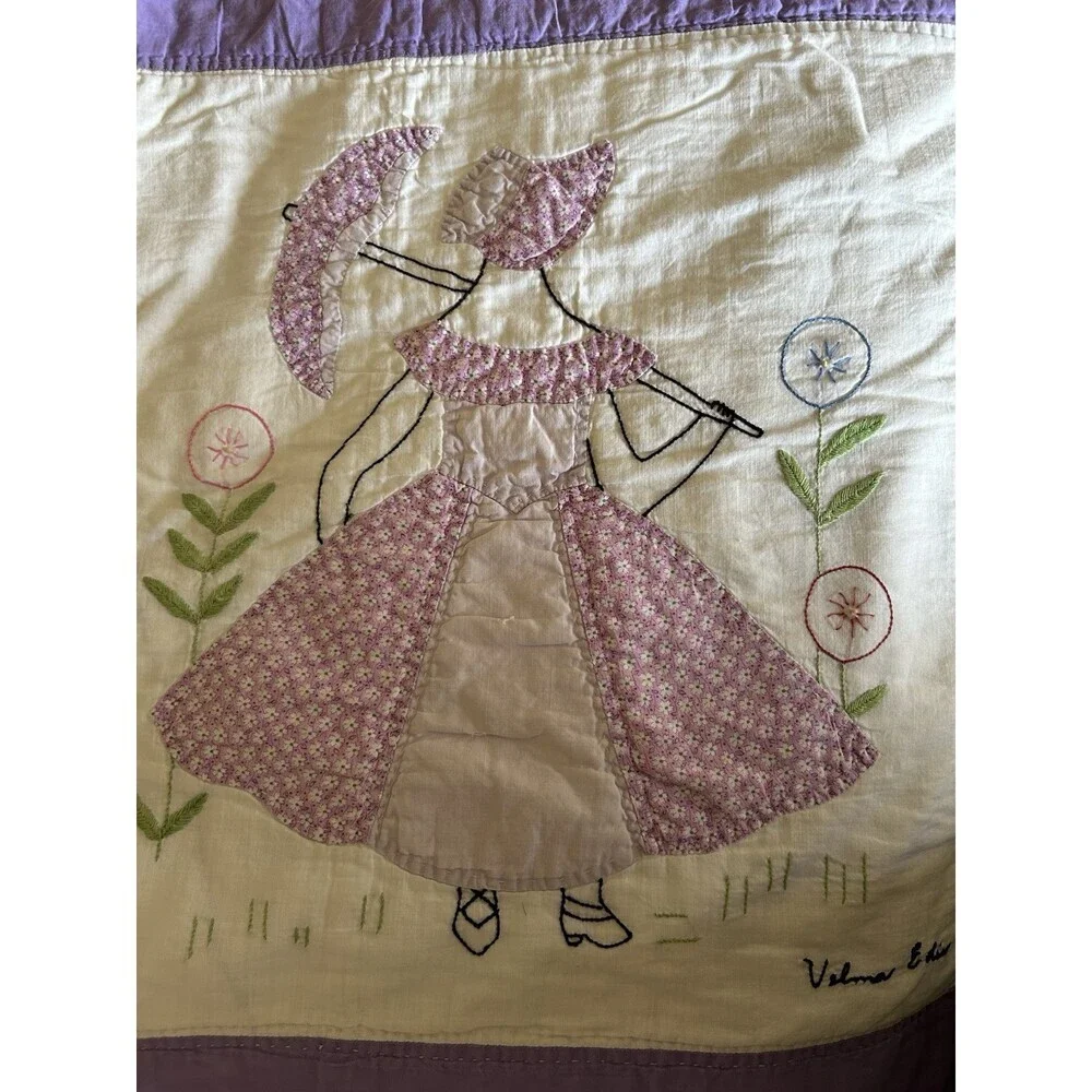 Vintage Handmade embroidered friendship quilt with Sun Bonnet Girls. 77” X 95”